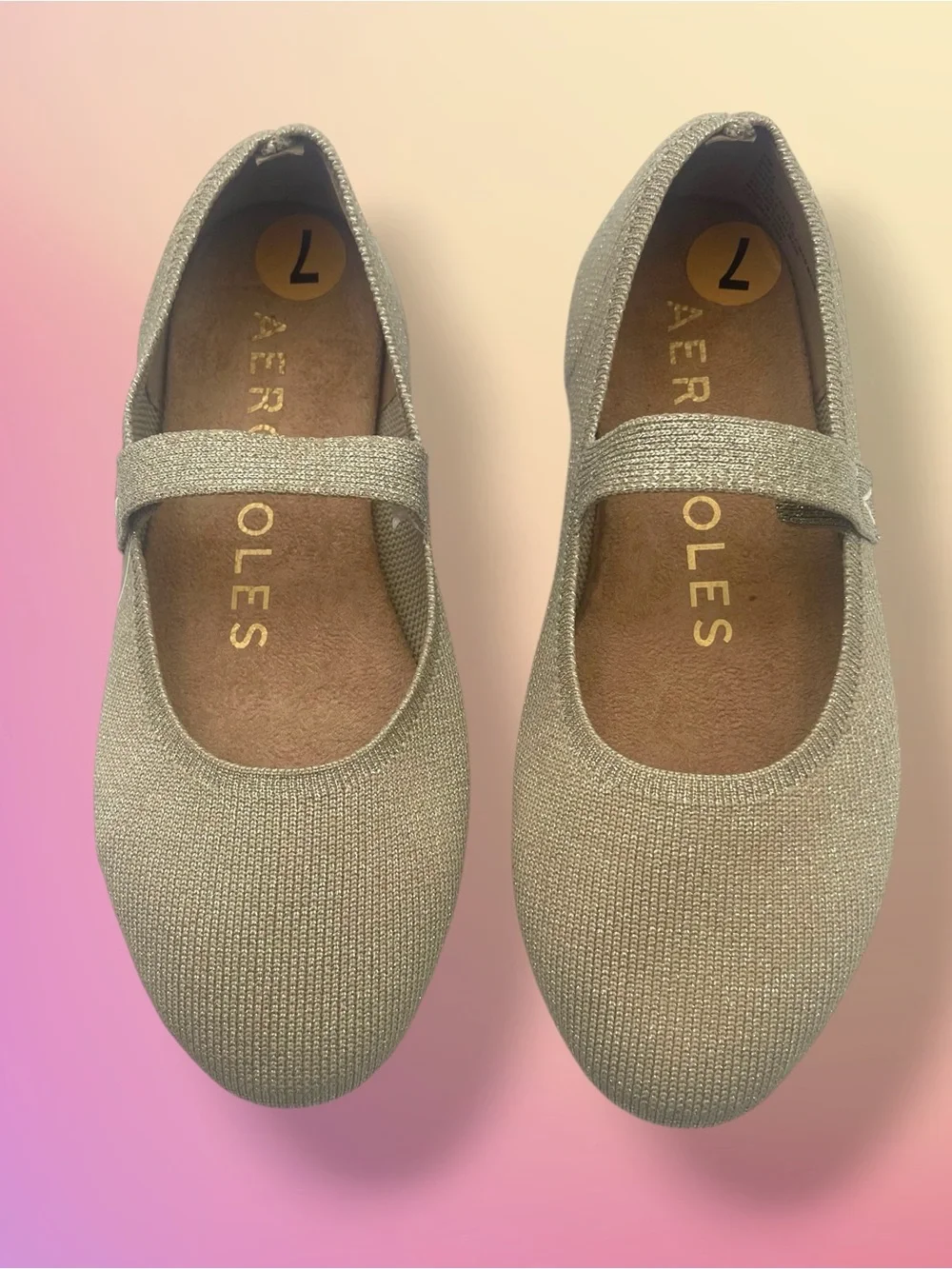 NWT AEROSOLES Shimmer Knit Mary Jane Flats in Light Gold Size 7 - Picture 4 of 13